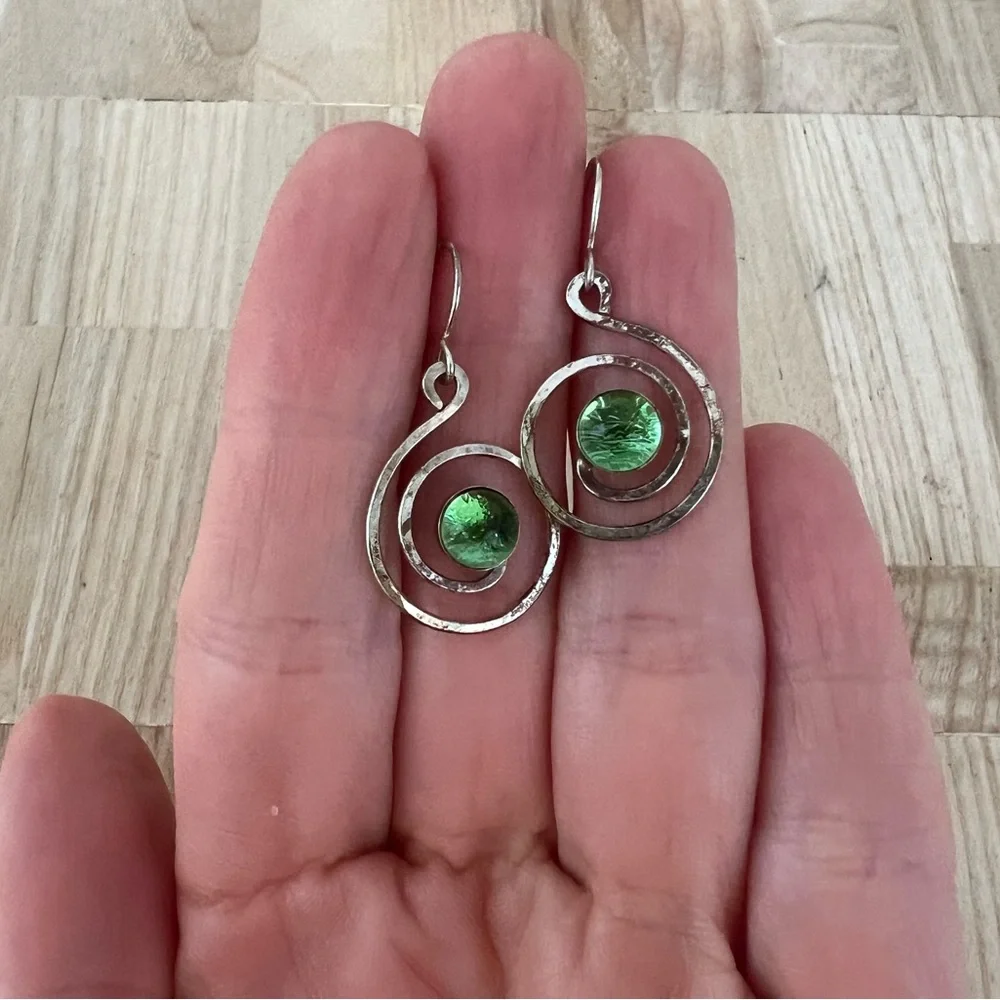 silver green glass spiral dangle drop earrings on hooks